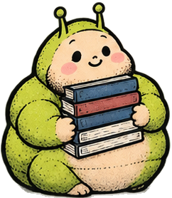 Wurmpie houdt een stapel boeken vast